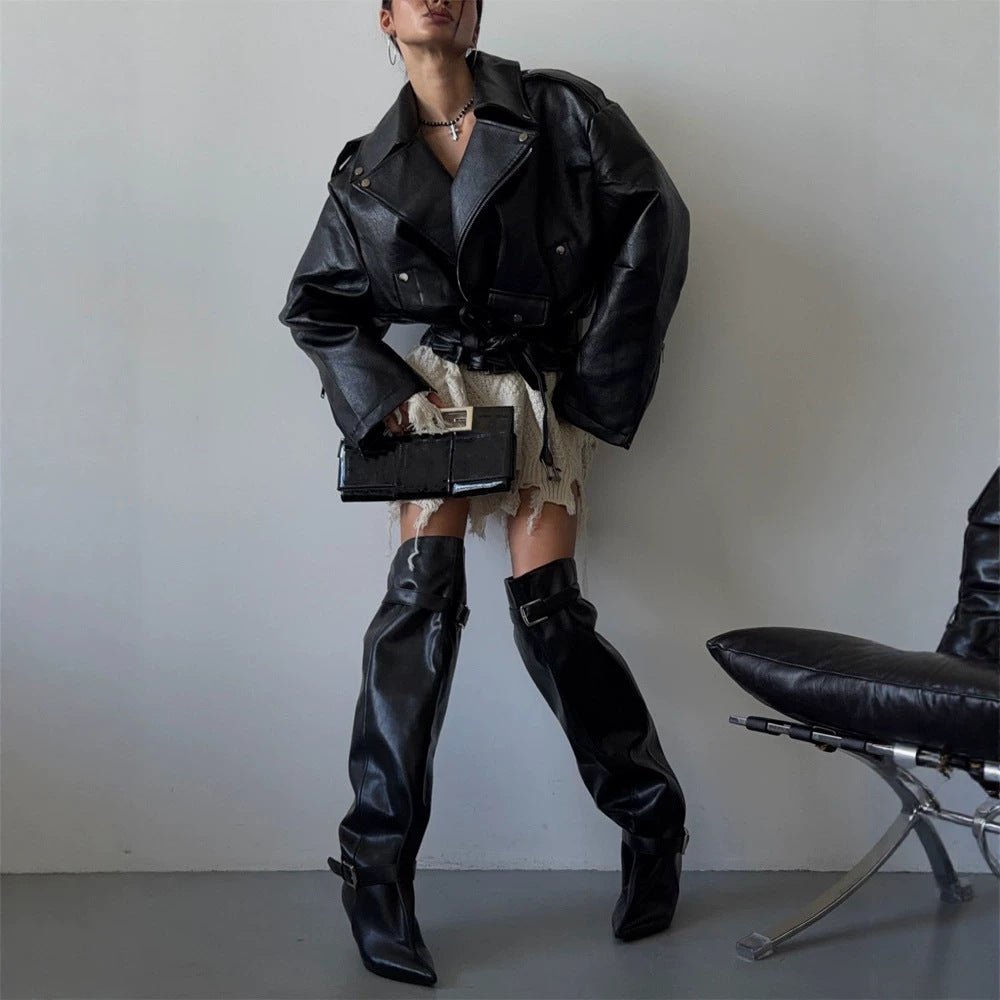 Women's Oversized Biker Jacket made of vegan leather imitation with waist belt & epaulettes Chichicherry - Chichicherry