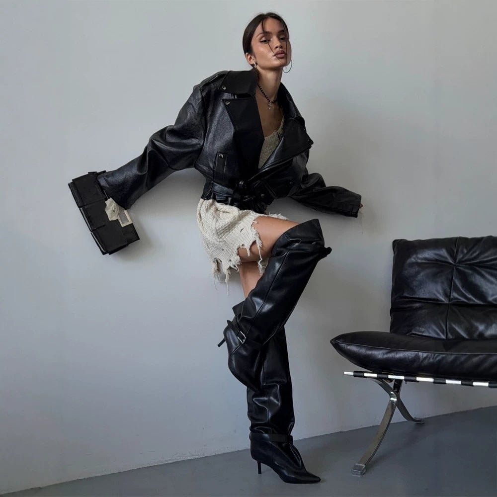 Women's Oversized Biker Jacket made of vegan leather imitation with waist belt & epaulettes Chichicherry - Chichicherry