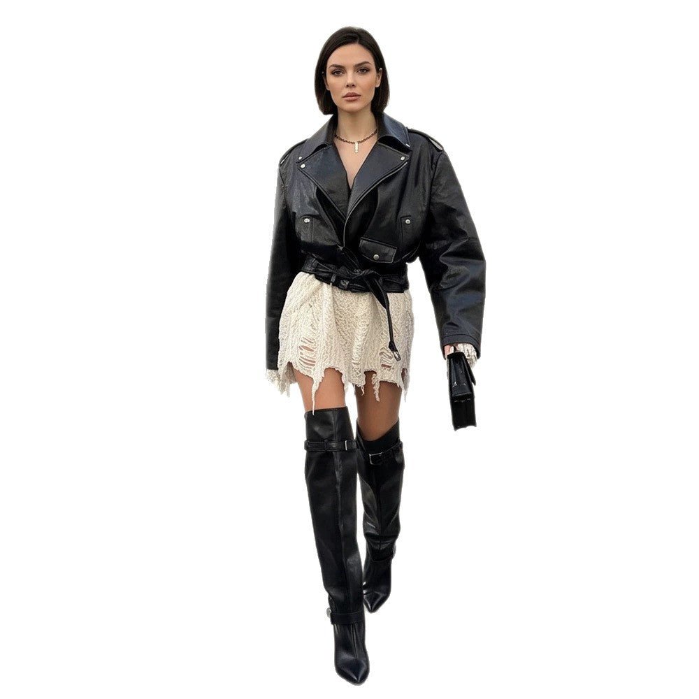 Women's Oversized Biker Jacket made of vegan leather imitation with waist belt & epaulettes Chichicherry - Chichicherry