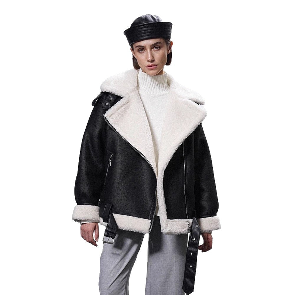 Women's Oversized Biker Jacket with Teddy Fur Lining and Adjustable Belts Chichicherry - Chichicherry