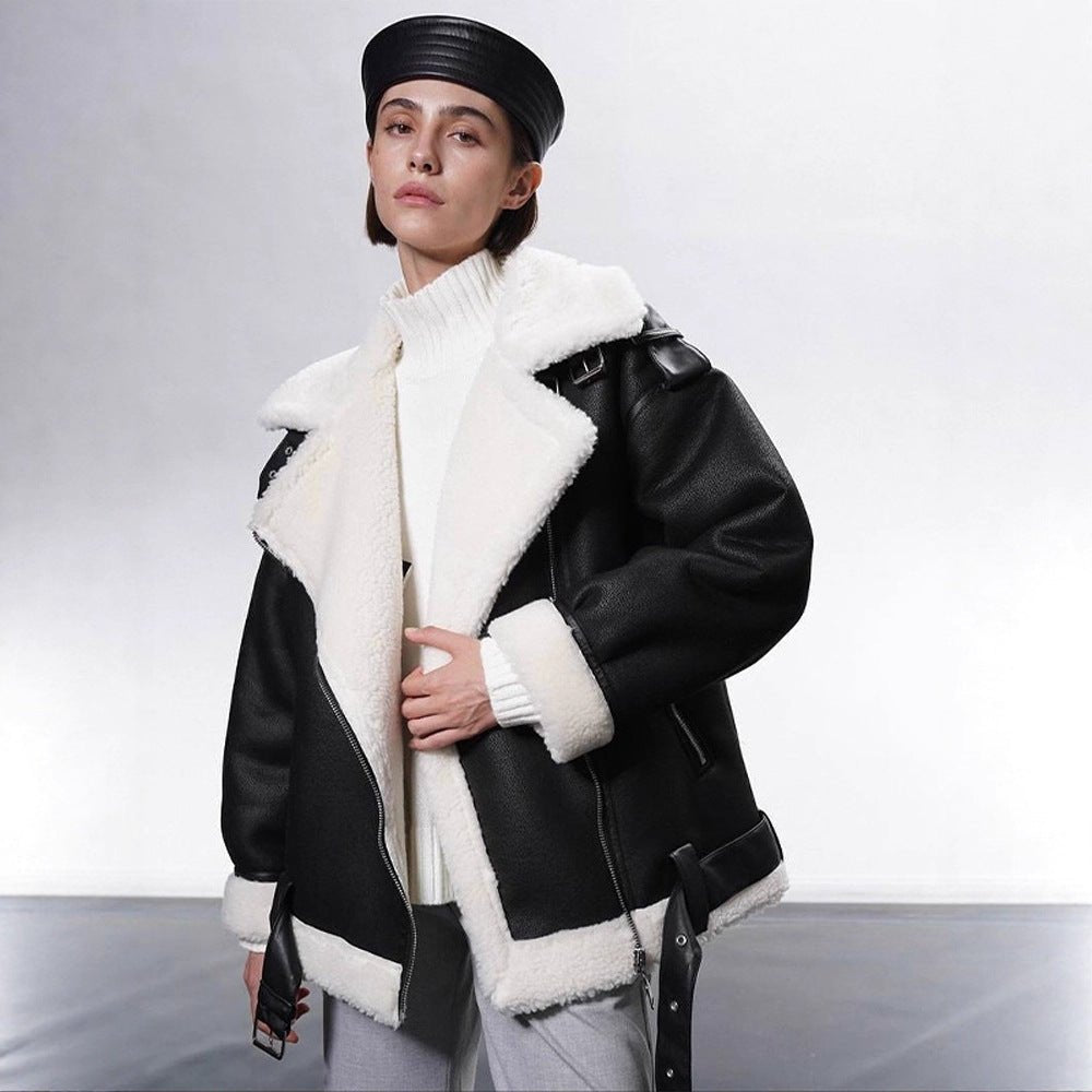 Women's Oversized Biker Jacket with Teddy Fur Lining and Adjustable Belts Chichicherry - Chichicherry
