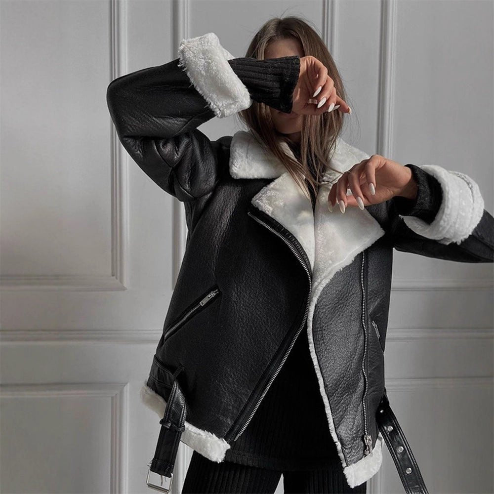 Women's Oversized Biker Jacket with Teddy Fur Lining and Adjustable Belts Chichicherry - Chichicherry