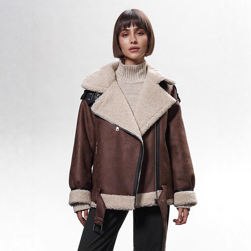 Women's Oversized Biker Jacket with Teddy Fur Lining and Adjustable Belts Chichicherry - Chichicherry