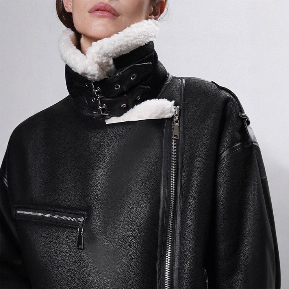 Women's Oversized Biker Jacket with Teddy Fur Lining and Adjustable Belts Chichicherry - Chichicherry