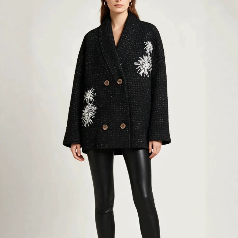 Women's Oversized Boucle Coat Jacket with Shawl Collar and Floral Embroidery Chichicherry - Chichicherry