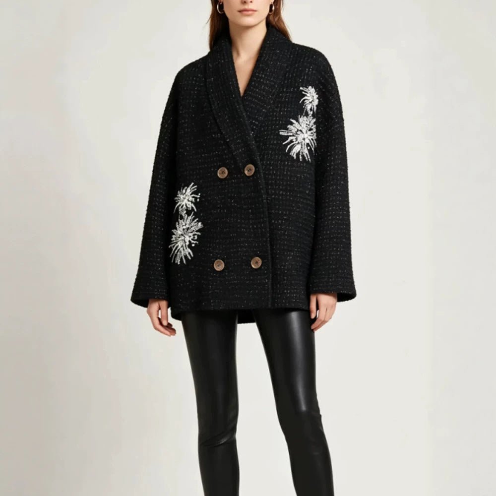 Women's Oversized Boucle Coat Jacket with Shawl Collar and Floral Embroidery Chichicherry - Chichicherry