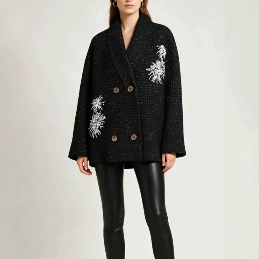 Women's Oversized Boucle Coat Jacket with Shawl Collar and Floral Embroidery Chichicherry - Chichicherry