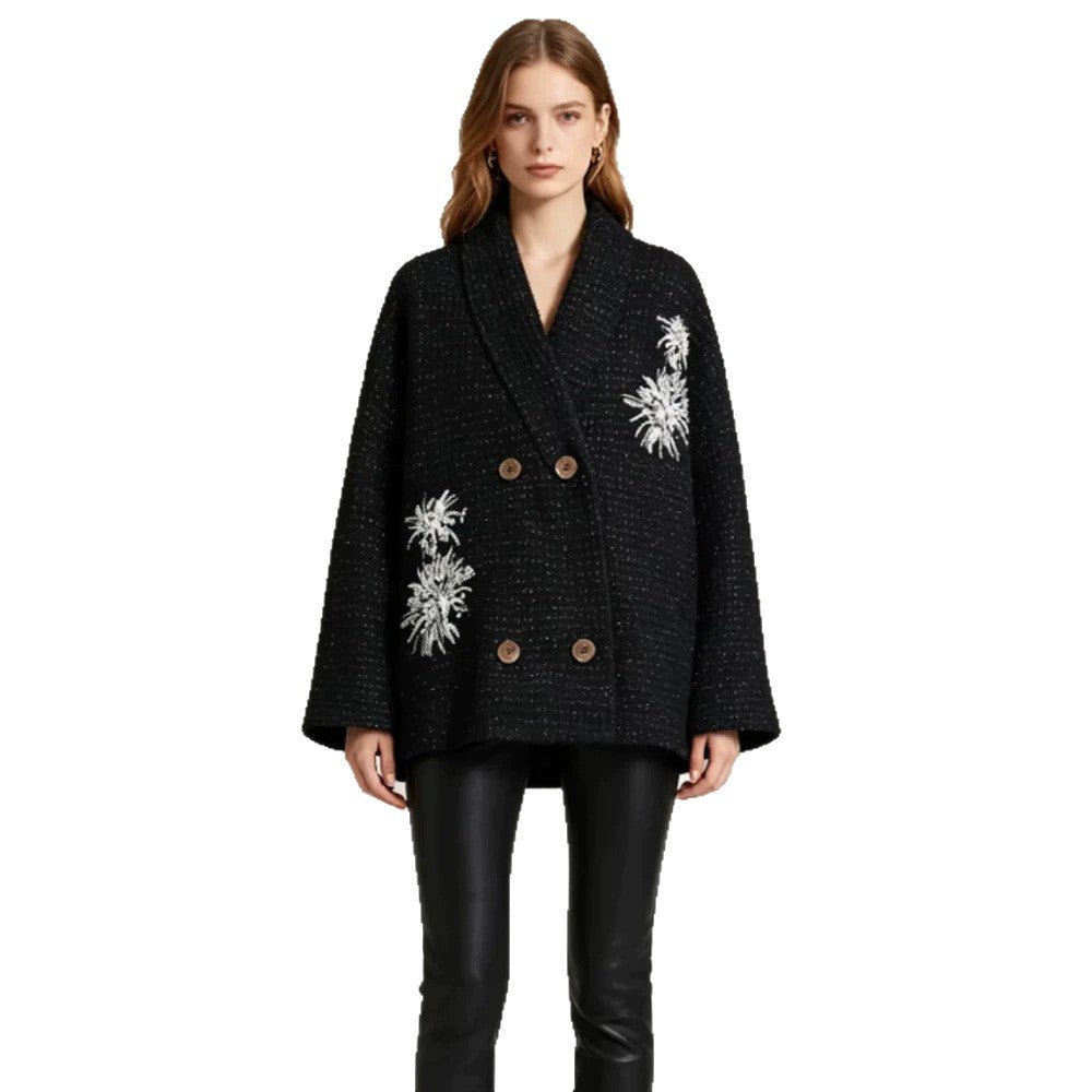 Women's Oversized Boucle Coat Jacket with Shawl Collar and Floral Embroidery Chichicherry - Chichicherry