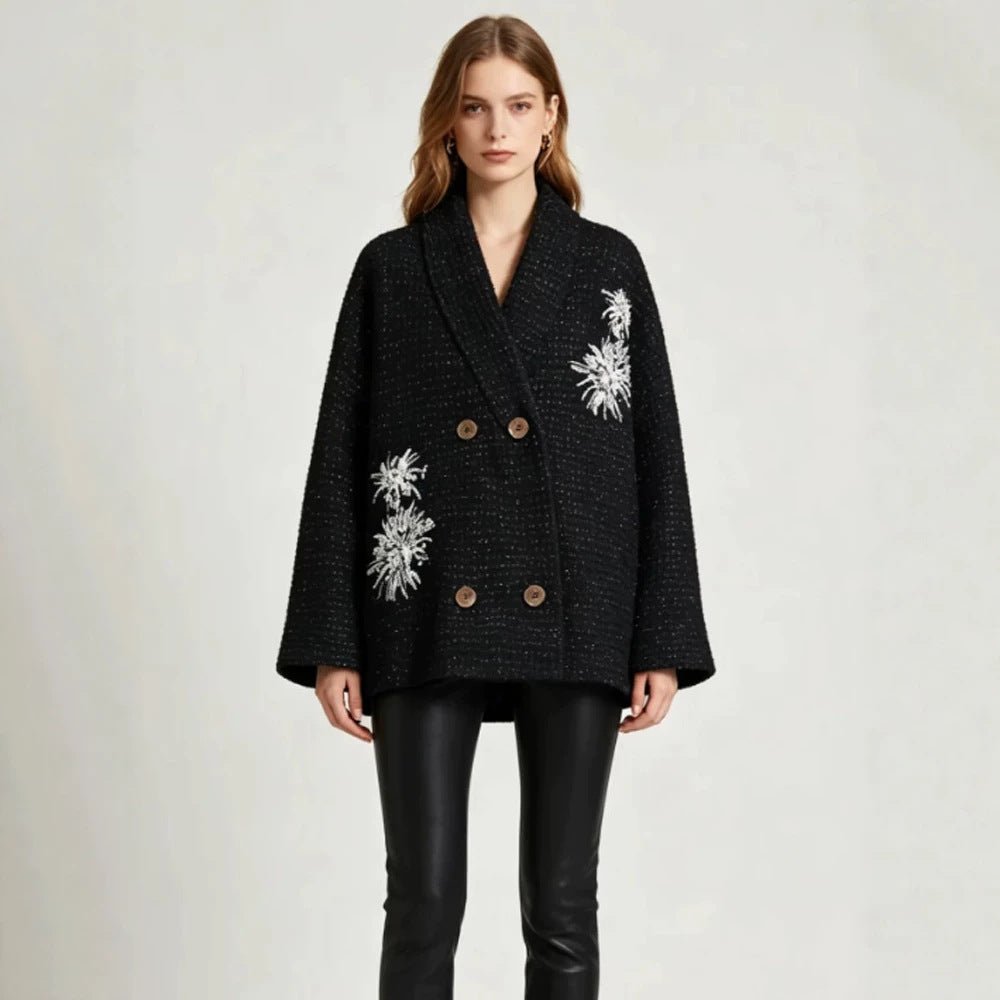 Women's Oversized Boucle Coat Jacket with Shawl Collar and Floral Embroidery Chichicherry - Chichicherry