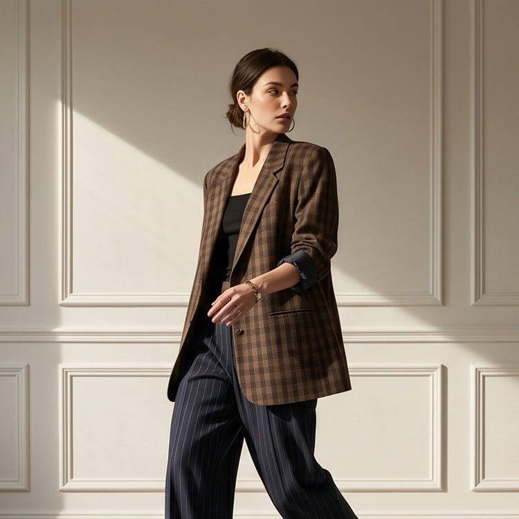 Women’s oversized check blazer with boxy silhouette and dropped shoulders Chichicherry - Chichicherry