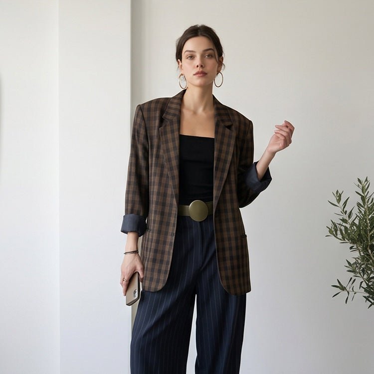Women’s oversized check blazer with boxy silhouette and dropped shoulders Chichicherry - Chichicherry