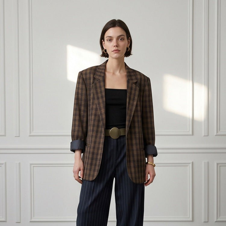 Women’s oversized check blazer with boxy silhouette and dropped shoulders Chichicherry - Chichicherry