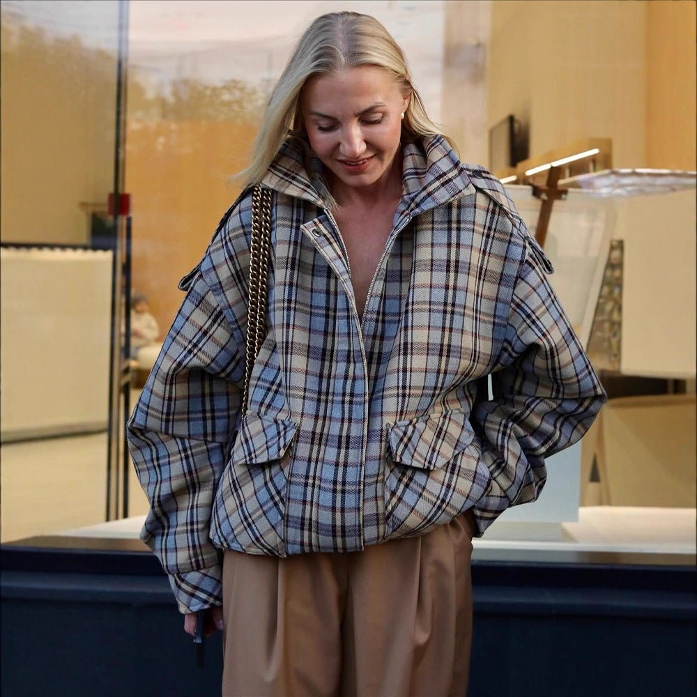 Women’s Oversized Check Coat in Boxy Cut with Zipper and Shoulder Flaps Chichicherry - Chichicherry