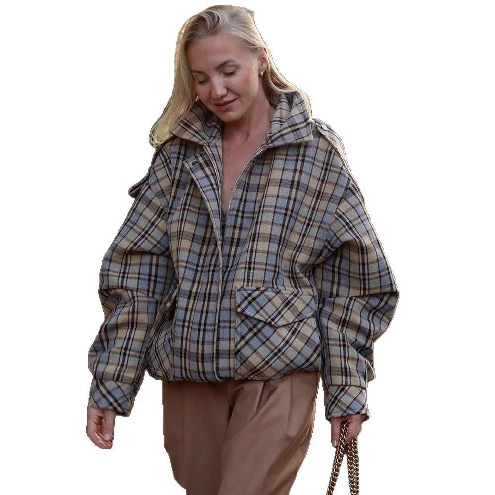 Women’s Oversized Check Coat in Boxy Cut with Zipper and Shoulder Flaps Chichicherry - Chichicherry