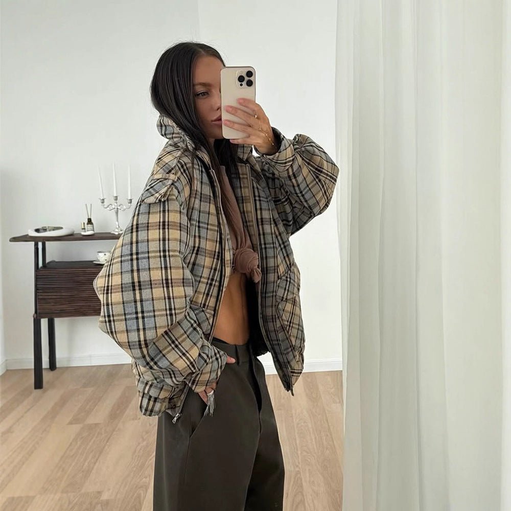 Women’s Oversized Check Coat in Boxy Cut with Zipper and Shoulder Flaps Chichicherry - Chichicherry