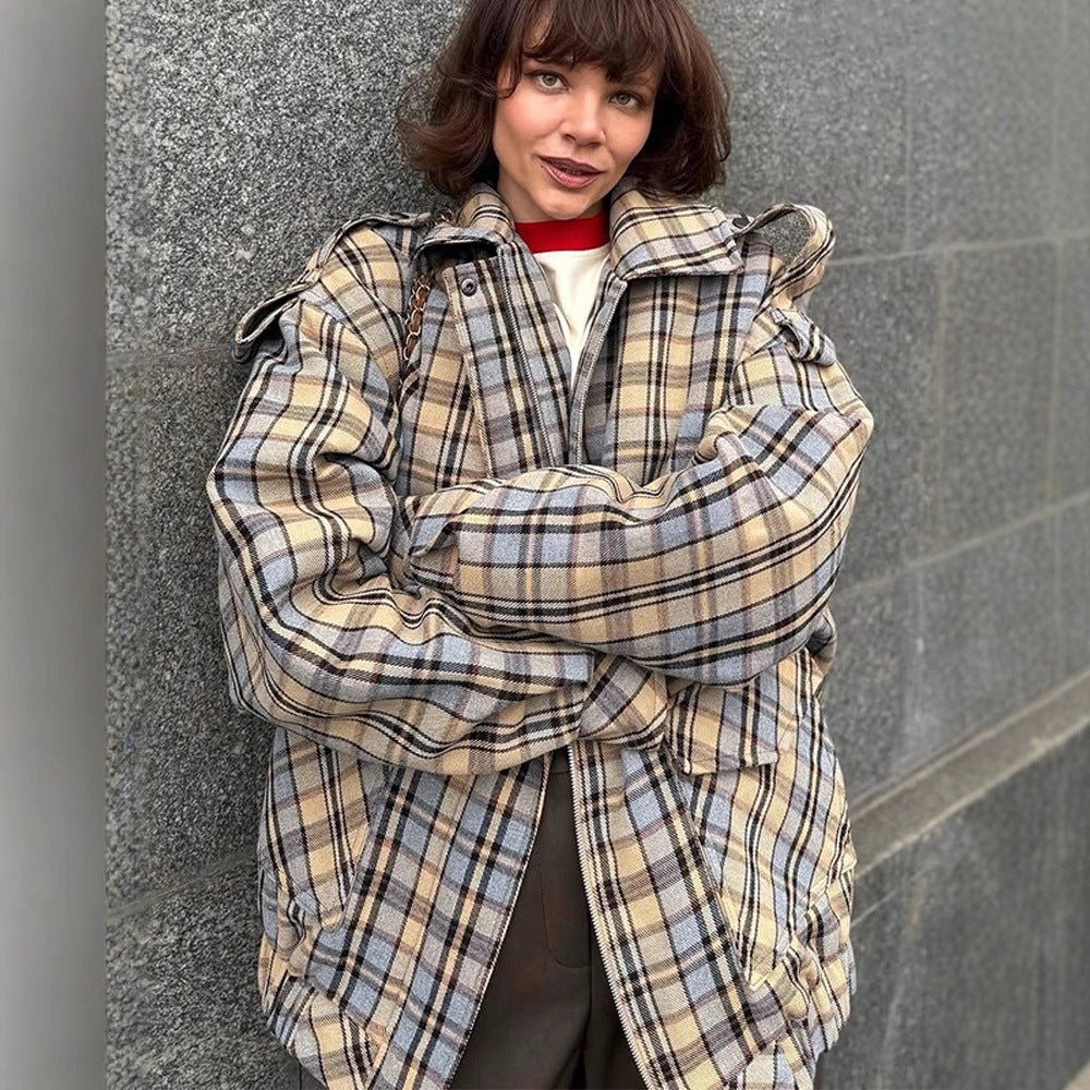 Women’s Oversized Check Coat in Boxy Cut with Zipper and Shoulder Flaps Chichicherry - Chichicherry