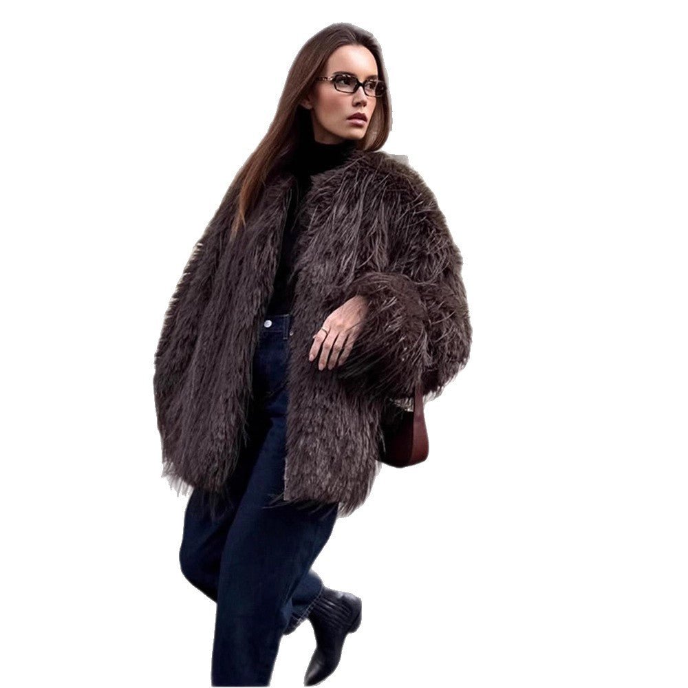Women's Oversized Faux Fur Coat with Long Pile Shag Look and Boxy Silhouette Chichicherry - Chichicherry