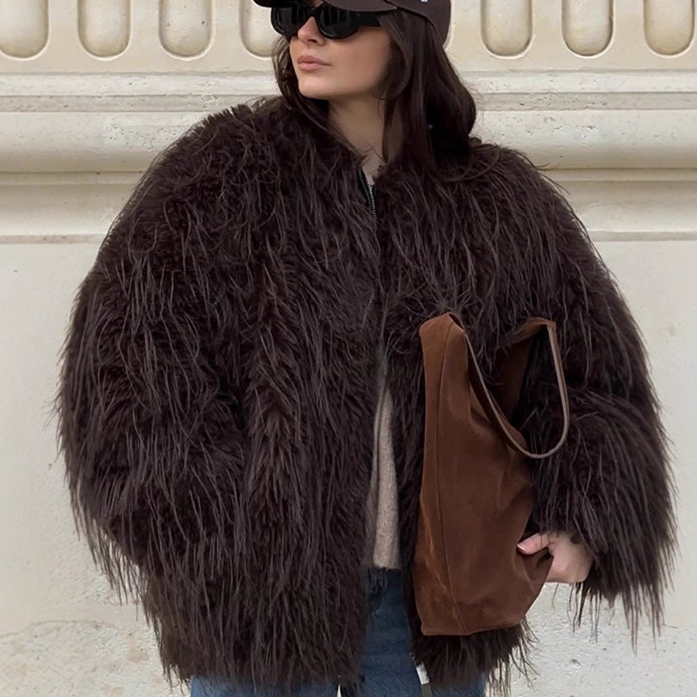 Women's Oversized Faux Fur Coat with Long Pile Shag Look and Boxy Silhouette Chichicherry - Chichicherry