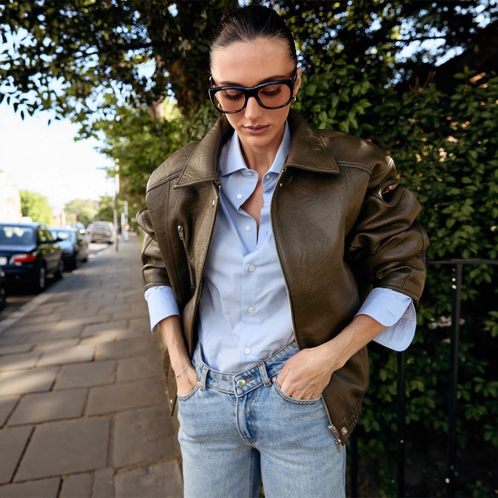 Women's Oversized Faux Leather Aviator Jacket with Teddy Lining, Visible Seam Details & Elastic Hem Chichicherry - Chichicherry
