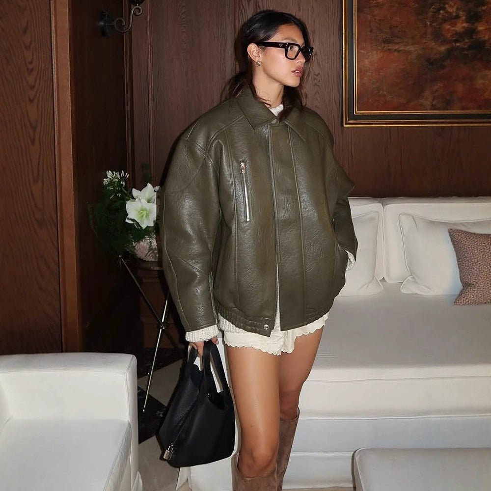 Women's Oversized Faux Leather Aviator Jacket with Teddy Lining, Visible Seam Details & Elastic Hem Chichicherry - Chichicherry