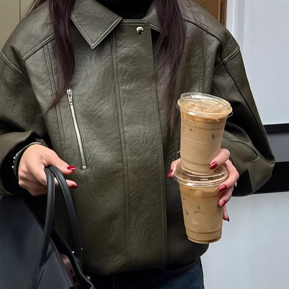 Women's Oversized Faux Leather Aviator Jacket with Teddy Lining, Visible Seam Details & Elastic Hem Chichicherry - Chichicherry