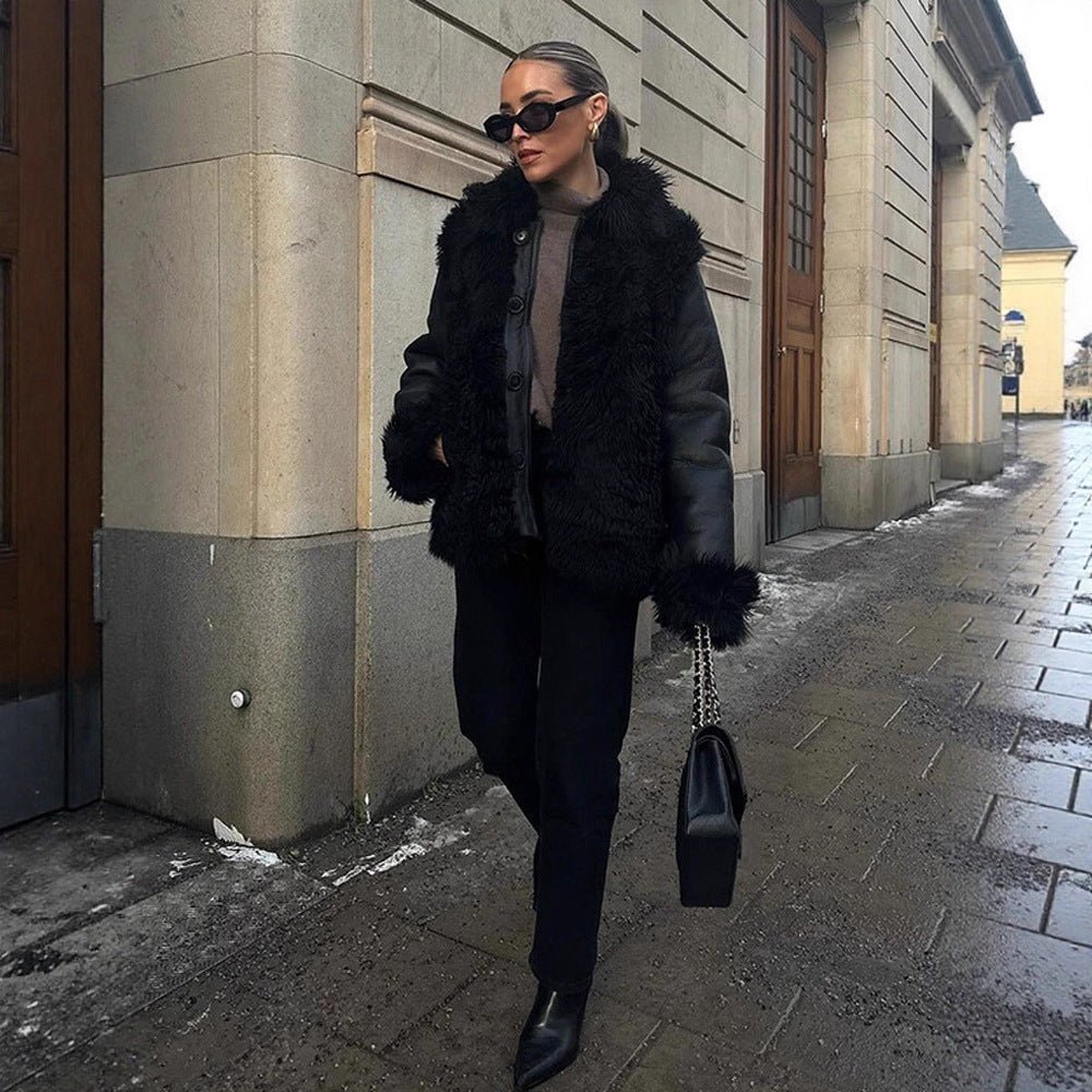 Women's Oversized Faux Leather Aviator Style Coat with Voluminous Faux Fur Collar and Teddy Cuffs Chichicherry - Chichicherry