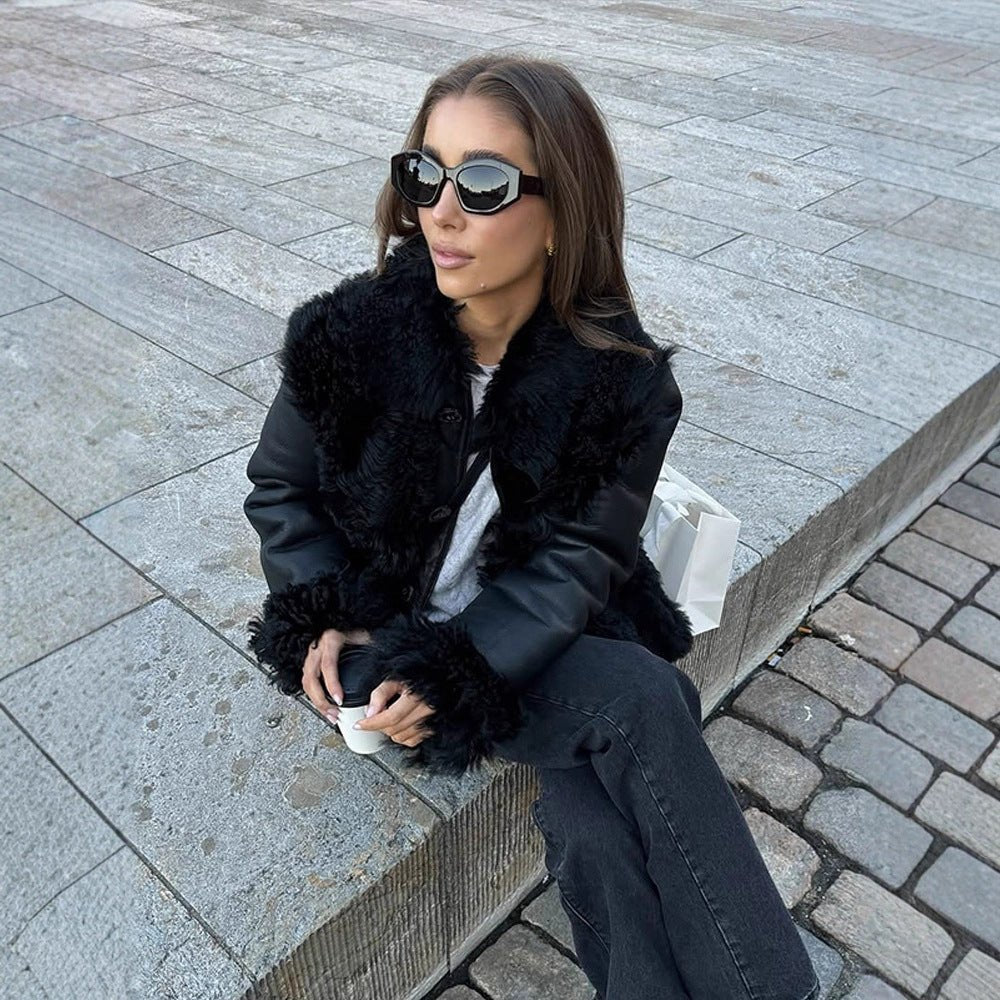 Women's Oversized Faux Leather Aviator Style Coat with Voluminous Faux Fur Collar and Teddy Cuffs Chichicherry - Chichicherry