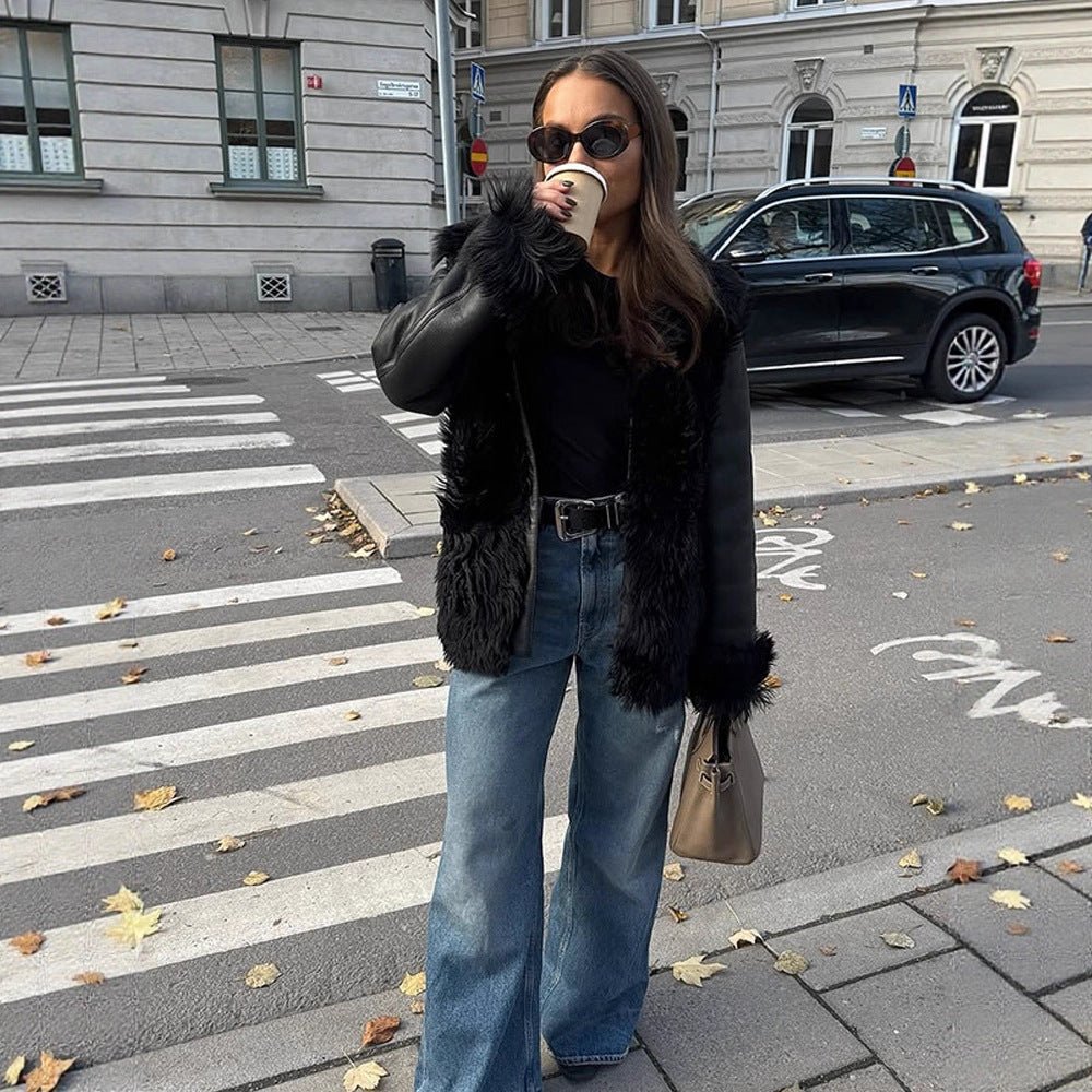 Women's Oversized Faux Leather Aviator Style Coat with Voluminous Faux Fur Collar and Teddy Cuffs Chichicherry - Chichicherry