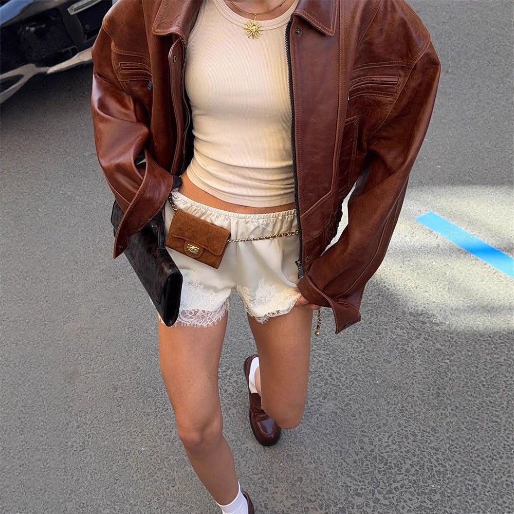 Women's Oversized Faux Leather Jacket in Biker Style with Shirt Collar and Zipper Chichicherry - Chichicherry