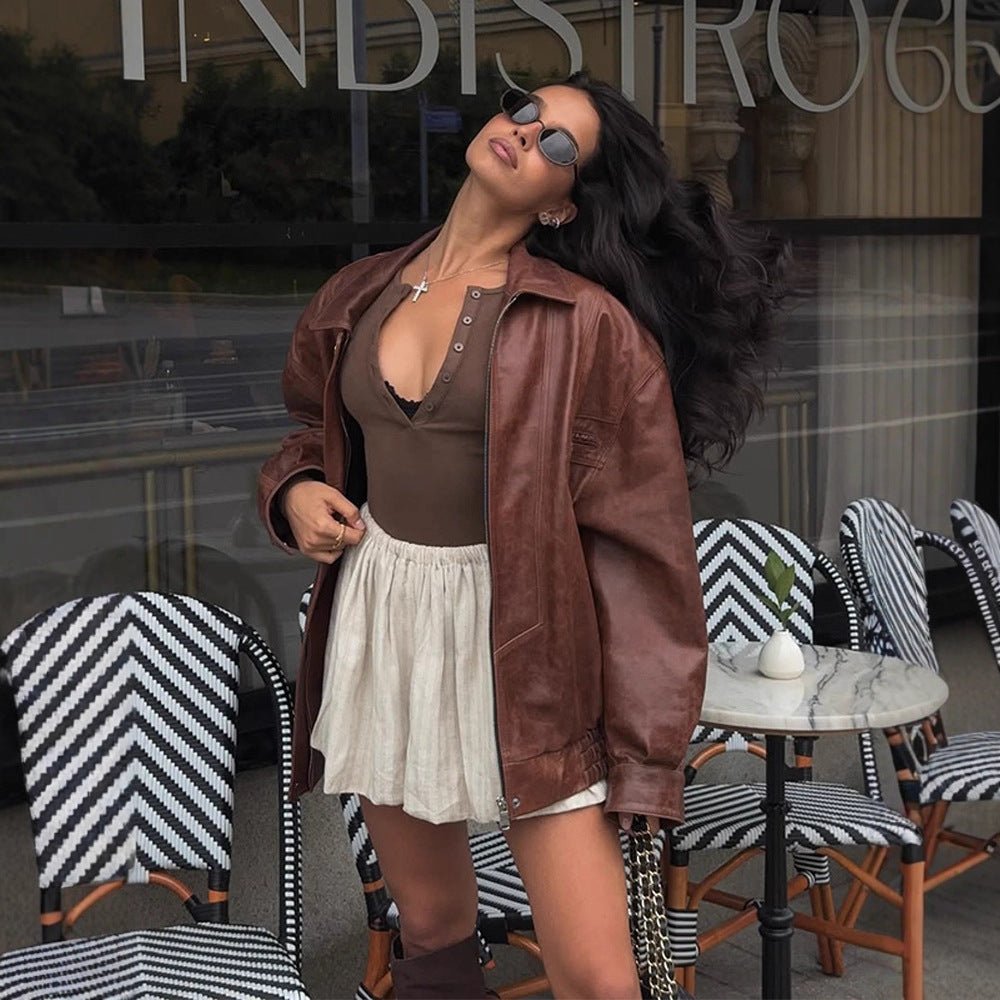 Women's Oversized Faux Leather Jacket in Biker Style with Shirt Collar and Zipper Chichicherry - Chichicherry