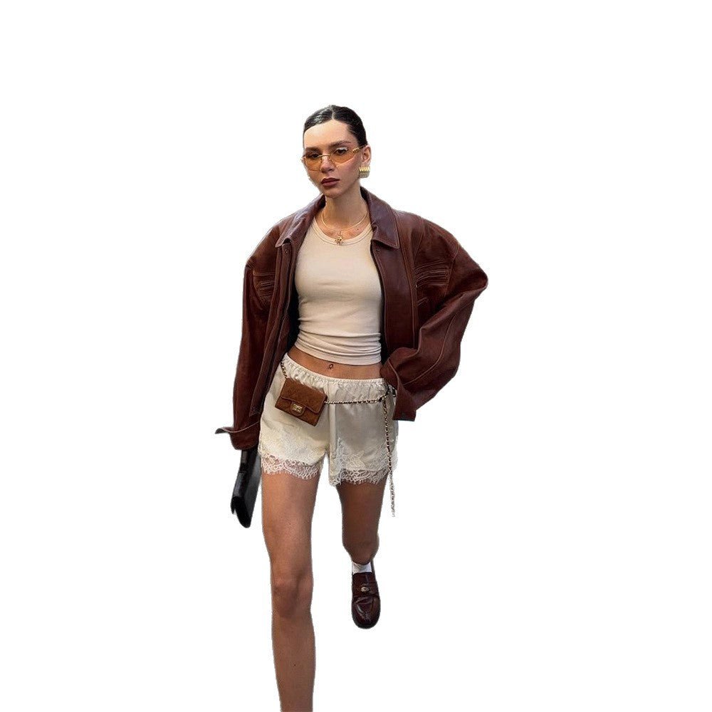 Women's Oversized Faux Leather Jacket in Biker Style with Shirt Collar and Zipper Chichicherry - Chichicherry