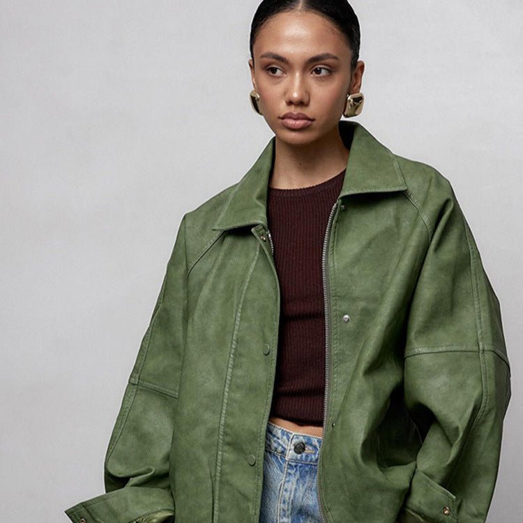 Women's Oversized Faux Leather Jacket in Boxy Cut with Raglan Sleeves and Two-Way Zipper Chichicherry - Chichicherry