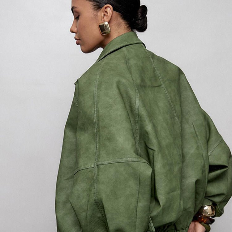 Women's Oversized Faux Leather Jacket in Boxy Cut with Raglan Sleeves and Two-Way Zipper Chichicherry - Chichicherry