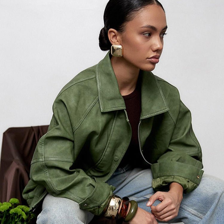 Women's Oversized Faux Leather Jacket in Boxy Cut with Raglan Sleeves and Two-Way Zipper Chichicherry - Chichicherry