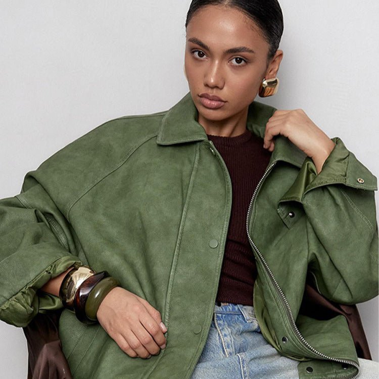 Women's Oversized Faux Leather Jacket in Boxy Cut with Raglan Sleeves and Two-Way Zipper Chichicherry - Chichicherry