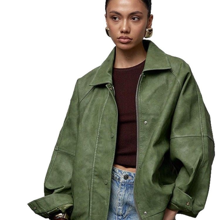 Women's Oversized Faux Leather Jacket in Boxy Cut with Raglan Sleeves and Two-Way Zipper Chichicherry - Chichicherry