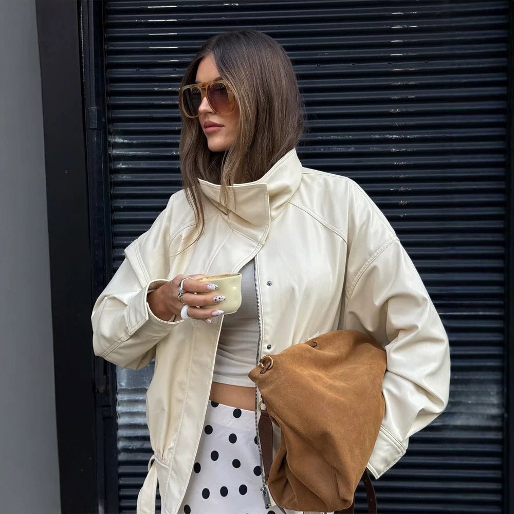 Women's Oversized Faux Leather Jacket with Stand Collar and Drawstring Chichicherry - Chichicherry