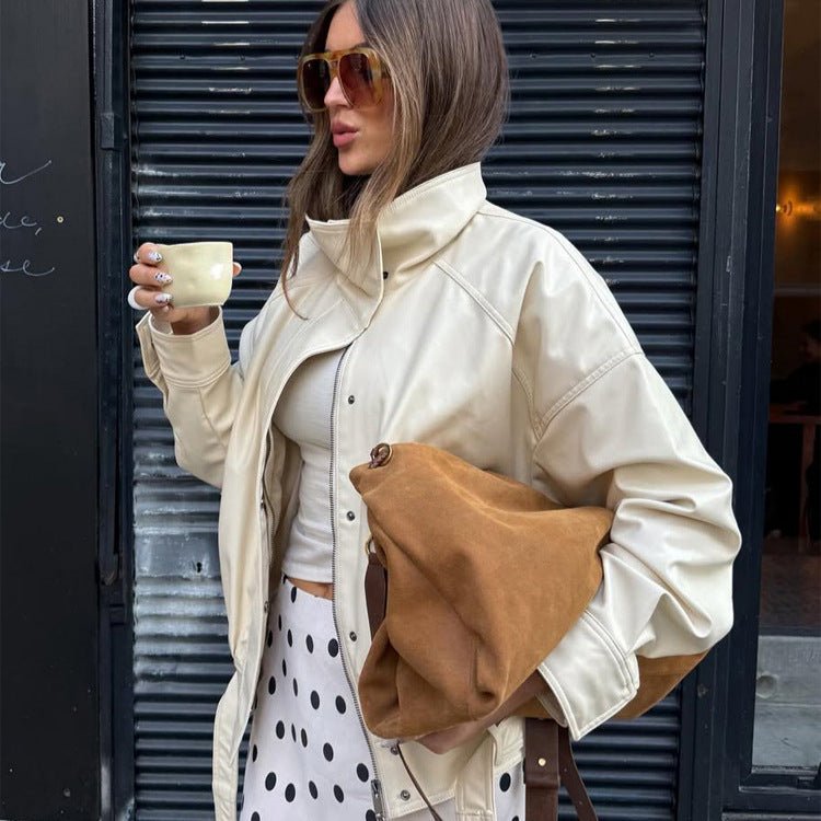 Women's Oversized Faux Leather Jacket with Stand Collar and Drawstring Chichicherry - Chichicherry