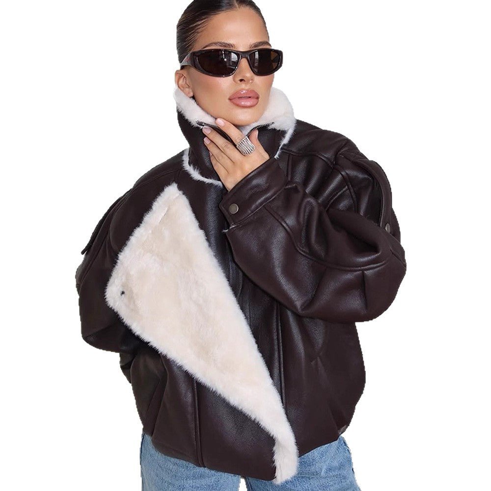 Women's Oversized Flight Jacket made of Faux Leather with Asymmetrical Faux Fur Trim Chichicherry - Chichicherry