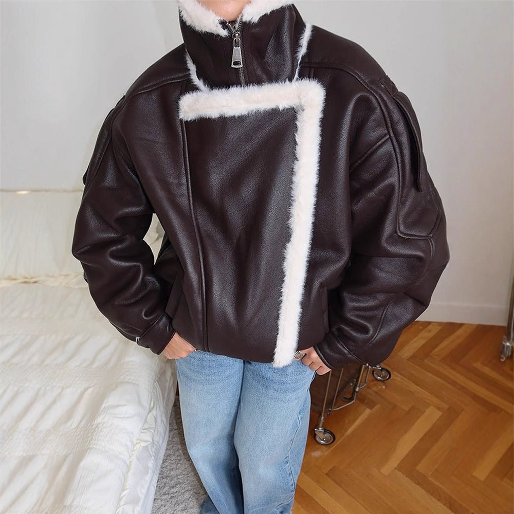 Women's Oversized Flight Jacket made of Faux Leather with Asymmetrical Faux Fur Trim Chichicherry - Chichicherry