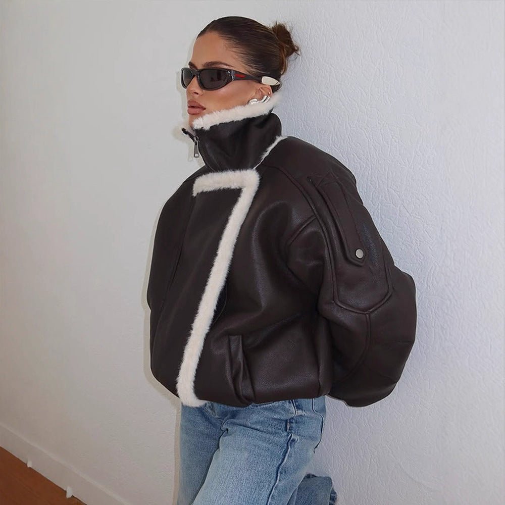 Women's Oversized Flight Jacket made of Faux Leather with Asymmetrical Faux Fur Trim Chichicherry - Chichicherry
