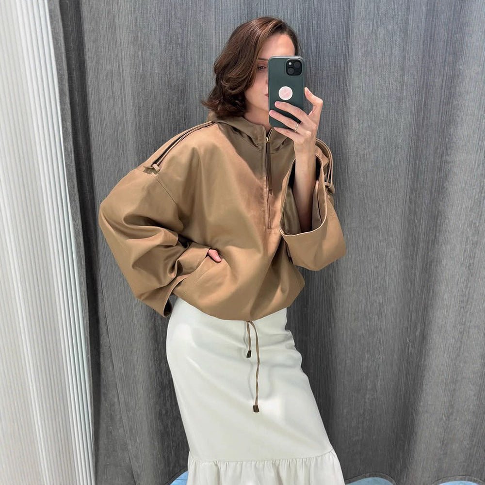 Women’s Oversized Hoodie with Half Zipper, Balloon Sleeves & Drawstring Chichicherry - Chichicherry