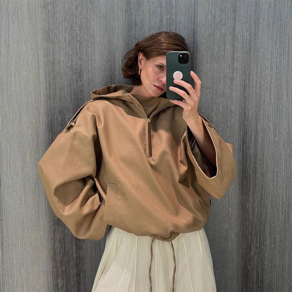 Women’s Oversized Hoodie with Half Zipper, Balloon Sleeves & Drawstring Chichicherry - Chichicherry