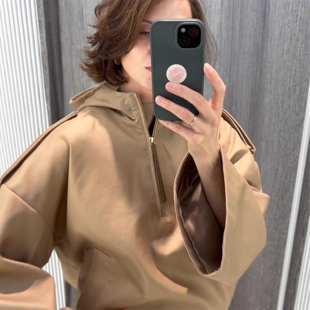 Women’s Oversized Hoodie with Half Zipper, Balloon Sleeves & Drawstring Chichicherry - Chichicherry