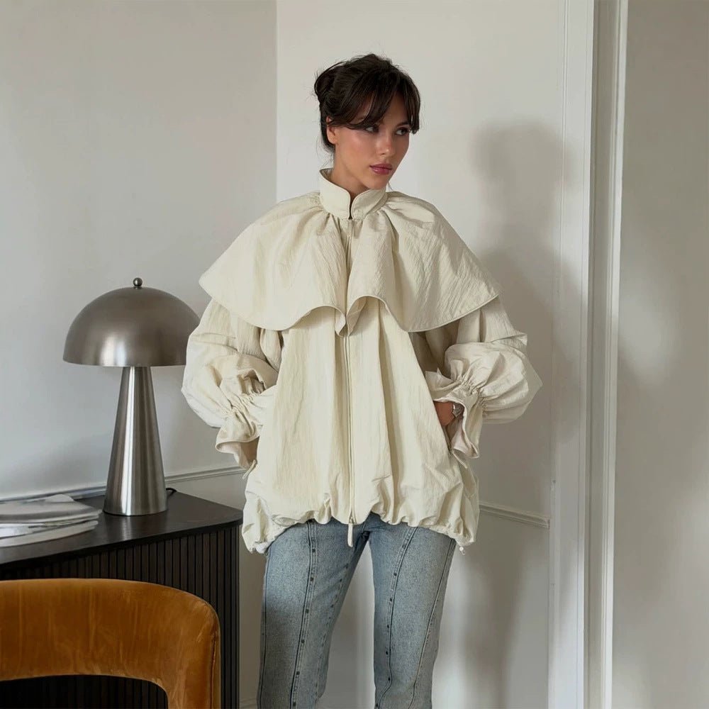 Women's Oversized Jacket with Cape Collar, Balloon Sleeves and Drawstring Chichicherry - Chichicherry