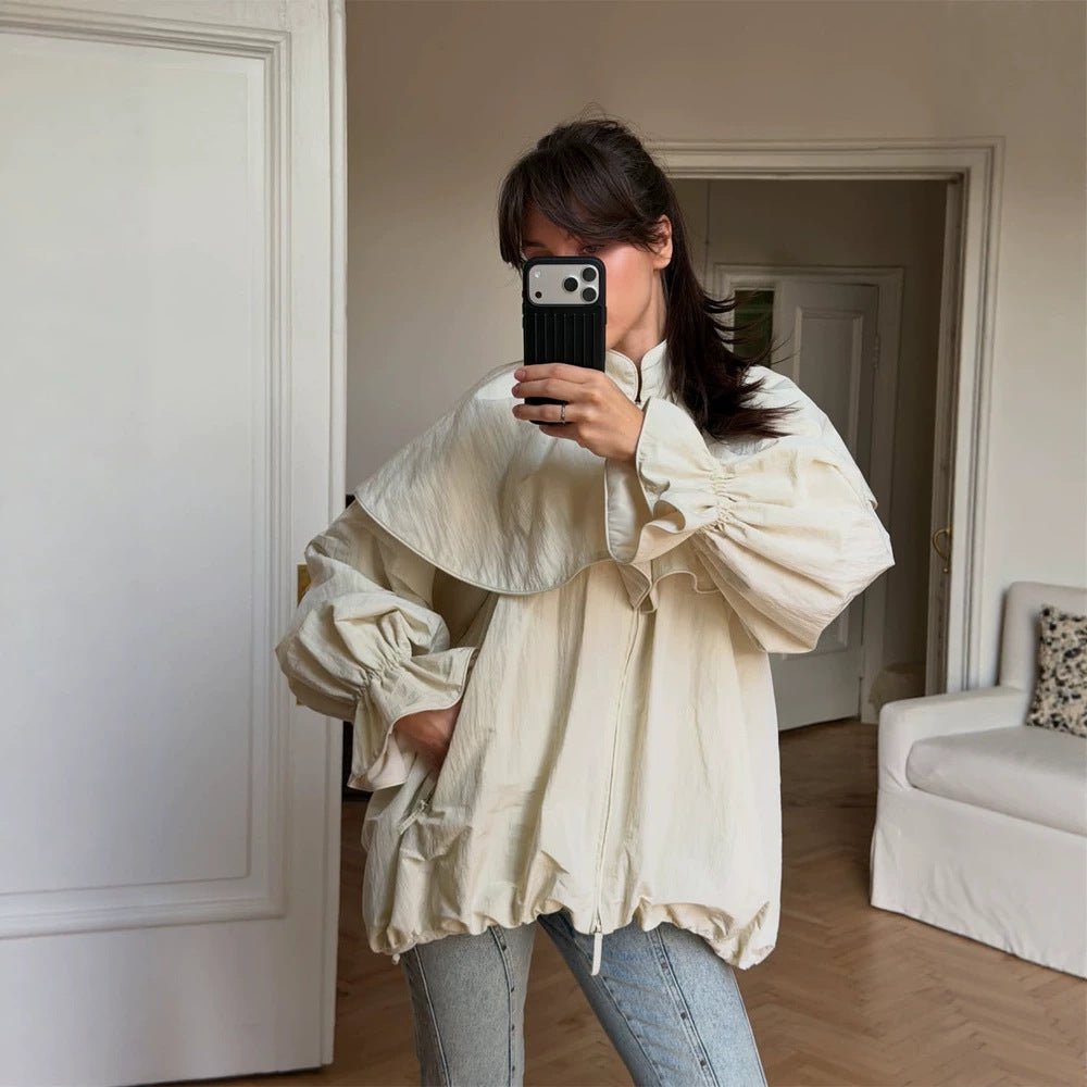 Women's Oversized Jacket with Cape Collar, Balloon Sleeves and Drawstring Chichicherry - Chichicherry