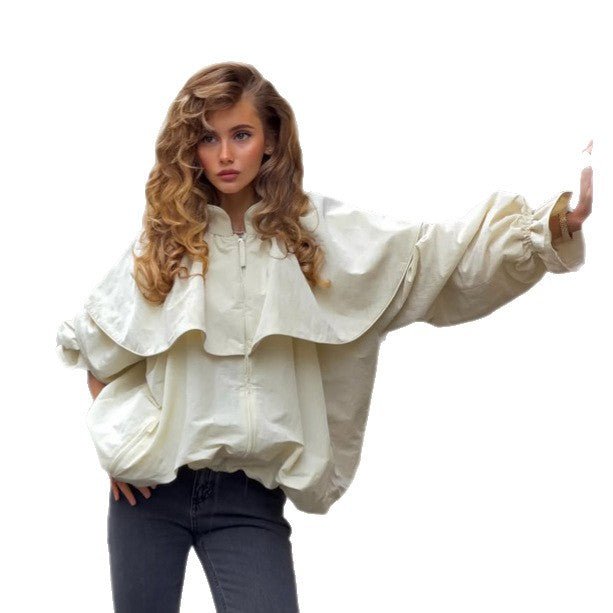 Women's Oversized Jacket with Cape Collar, Balloon Sleeves and Drawstring Chichicherry - Chichicherry