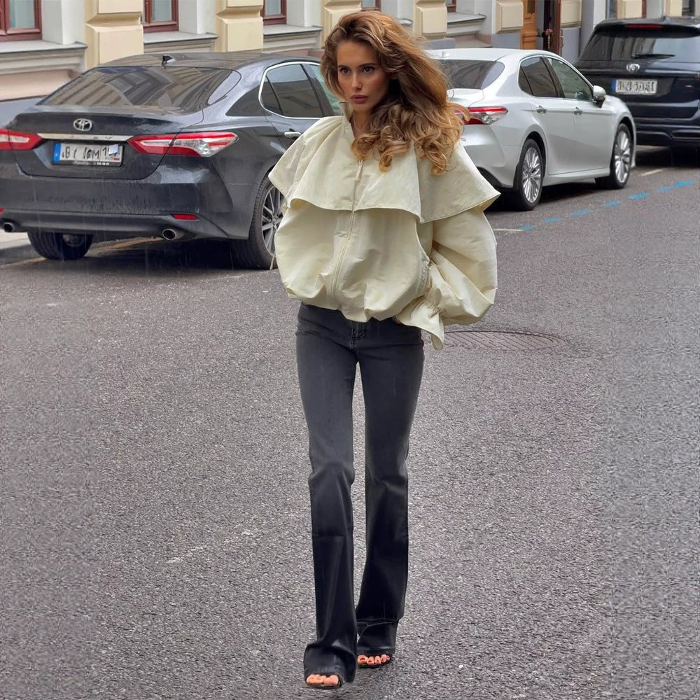Women's Oversized Jacket with Cape Collar, Balloon Sleeves and Drawstring Chichicherry - Chichicherry