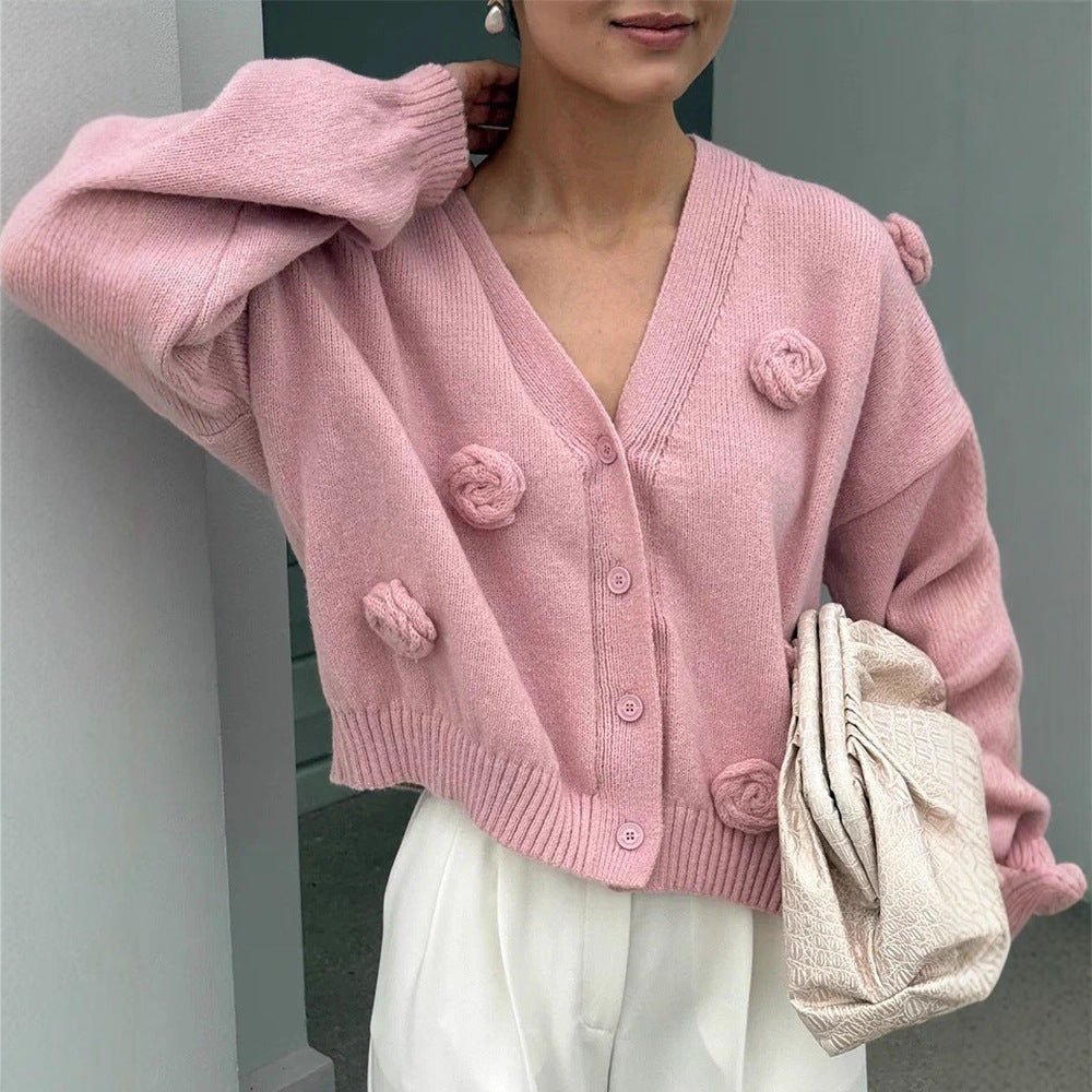 Women's Oversized Knit Cardigan with Three-Dimensional Rose Appliqués and V-Neck Chichicherry - Chichicherry