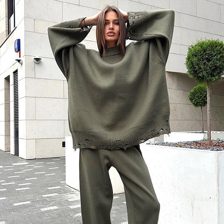 Women's Oversized Knit Set made of Fine Knit with Destroyed Hem, Wide Sweater and Casual Slip-On Pants Chichicherry - Chichicherry